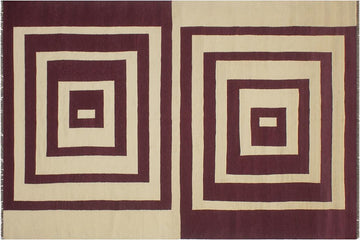 Flat Weave Kilim, Antique, Navaho, Vintage, Handmade, Modern Kilim Beige Purple Hand-Woven Rectangle 100% Wool Area Rug 6 x 10